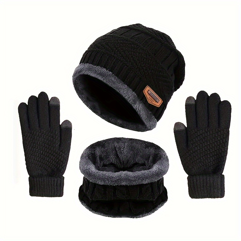 

3 Pcs Cuff Knit Hat & Neck Warmer & Gloves Set, Letter Patched Thermal Hat And Fleece Neck Warmer Scarf And Winter Full Finger Gloves For Women & Men