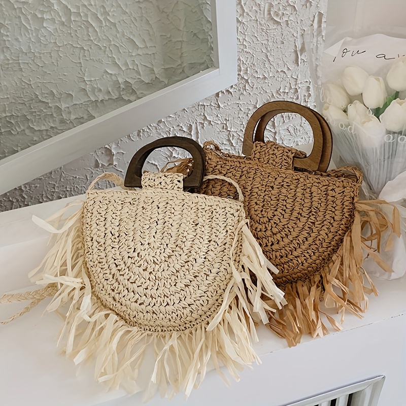 Women's Straw Bag Vintage Basket Purse Summer Beach Handbag Rattan  Crossbody Bag Casual Vacation (Handbag-Beige): Handbags