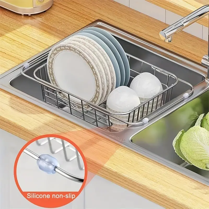 1PC Adjustable Stainless Steel Drainer Basket Over Sink Drain Tray Dish  Vegetable Fruit Drying Rack Kitchen Sink Organizer