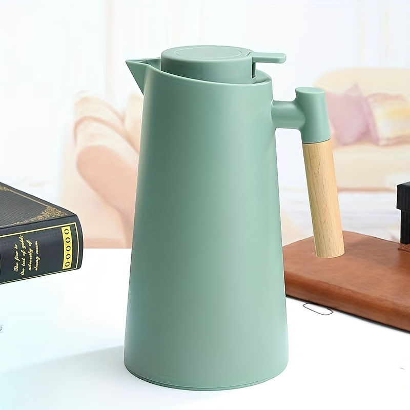 Green 1l Thermal Coffee Carafe Double Walled Thermal Carafe Thermos Pot  With Wood Handle Water Kettle Insulated Flask Tea Carafe Keeping Hot Cold