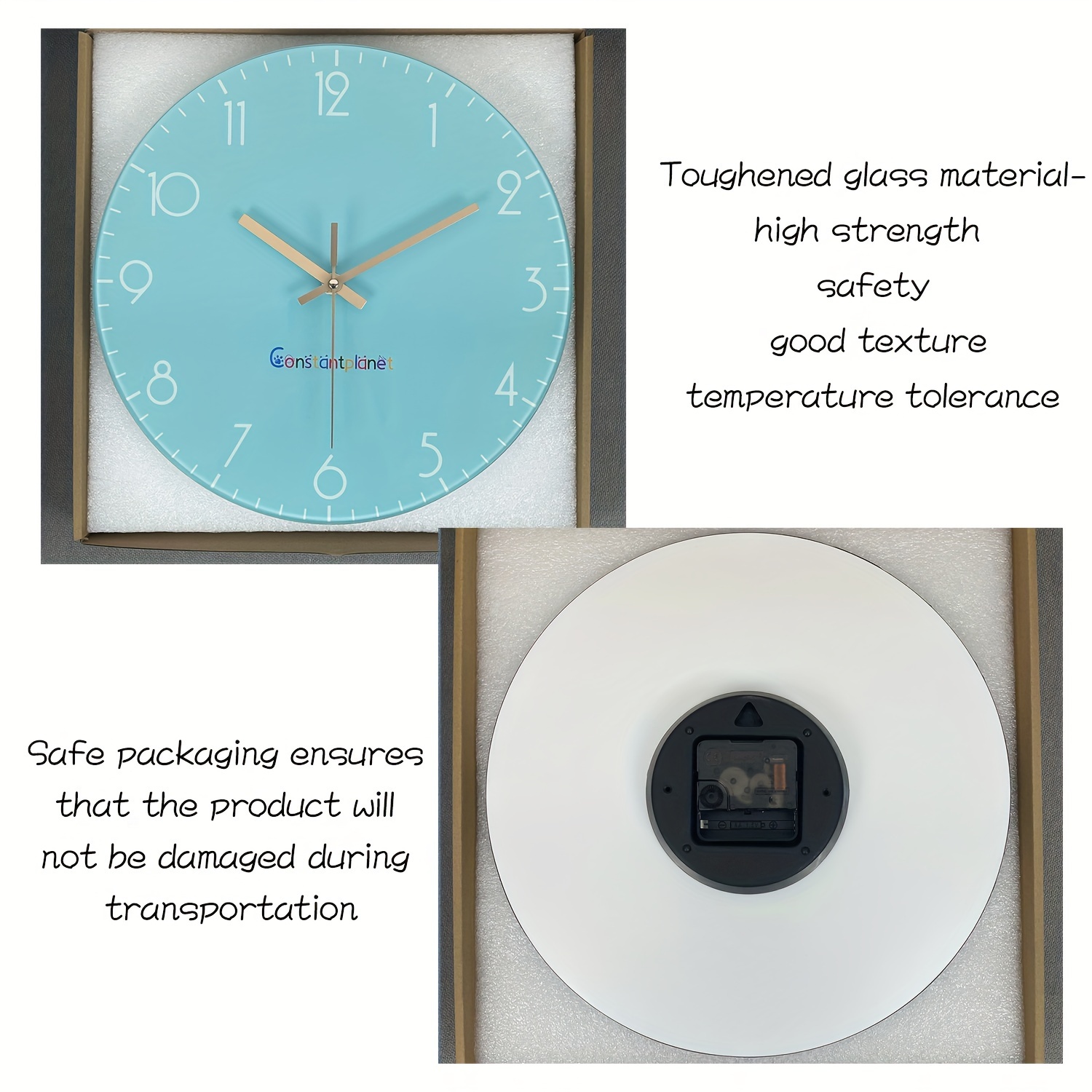 silent 12 inch light blue tempered glass wall clock non ticking 