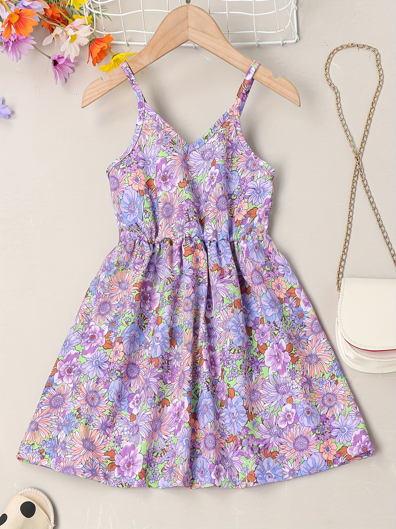 little girls cute sundress floral pattern party beach dress v neck elastic waist camisole dress for summer details 5