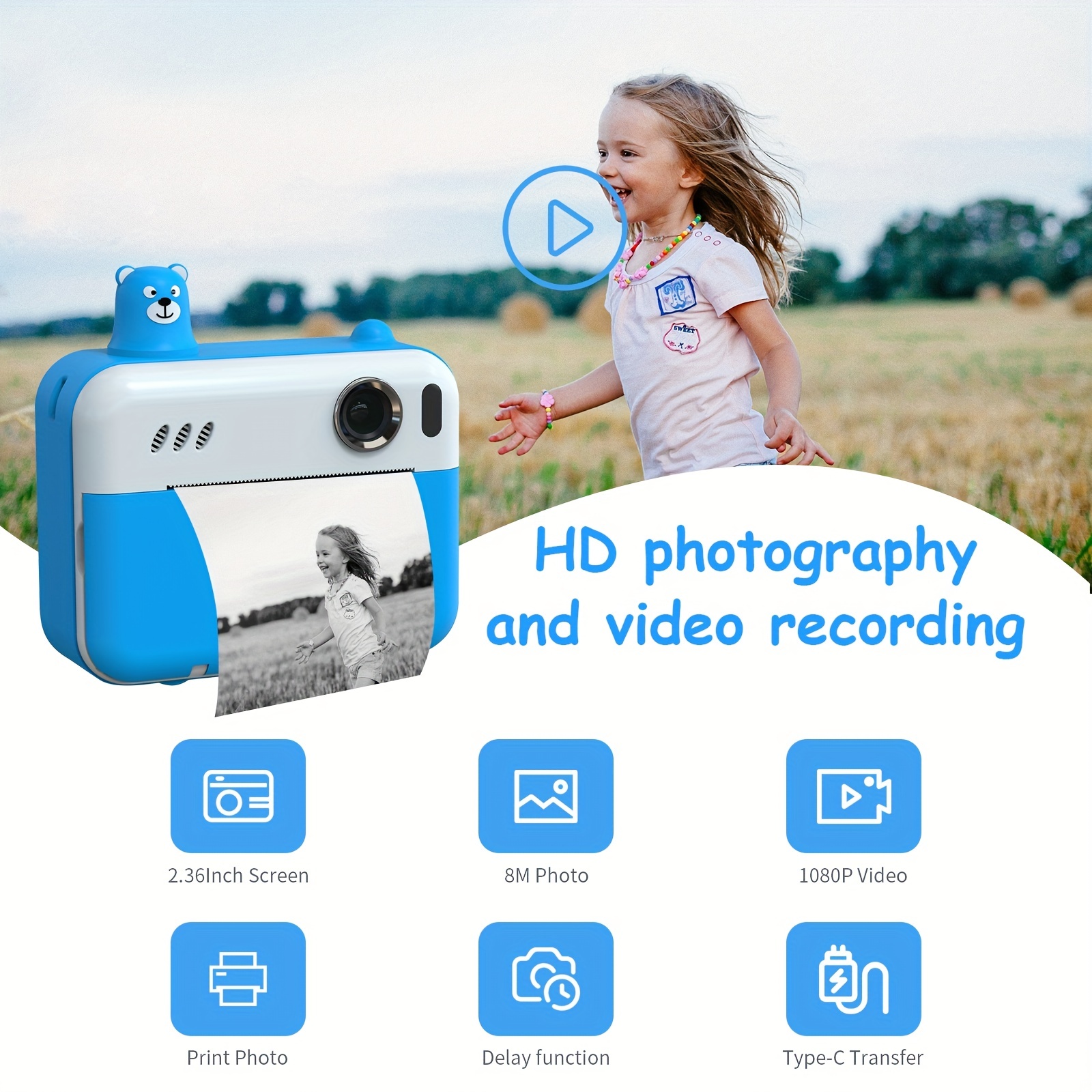 Cámara de impresión instantánea para niños 1080p Selfie Video