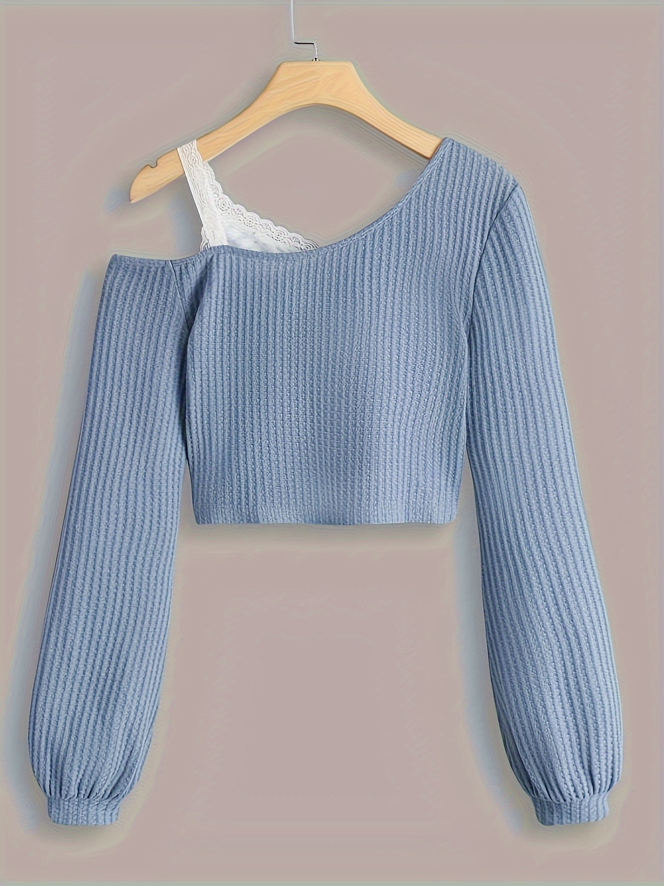 Elegant Light Blue Off-Shoulder Lace Trim T-Shirt - Floral Print, Long Sleeve, Ribbed Texture, Machine Washable - Chic Spring & Autumn Women's Top