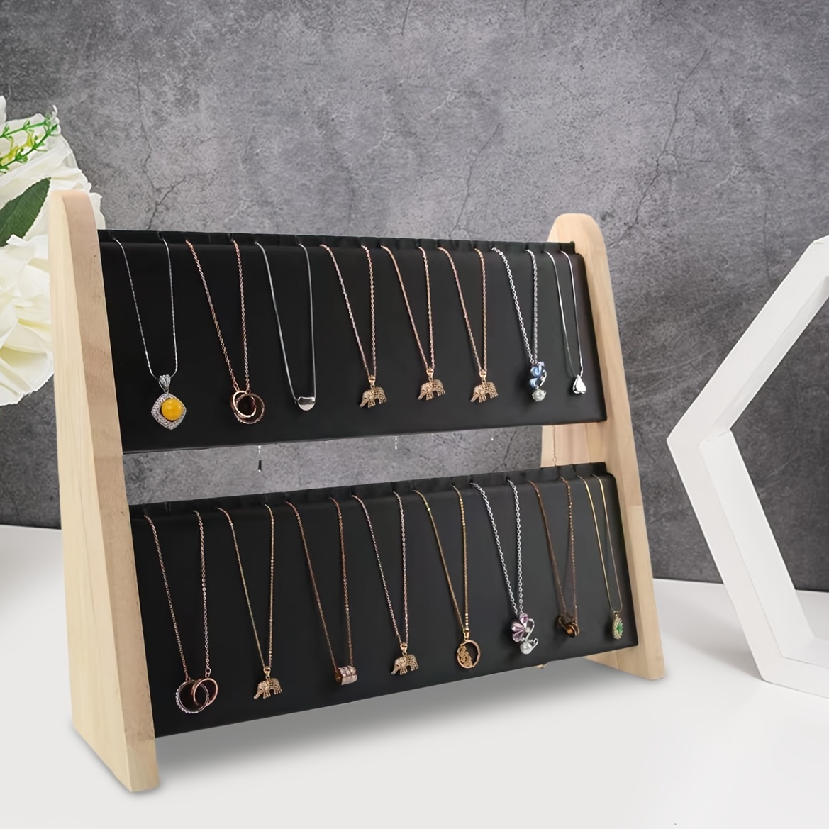 Codant 14 inch Tall Black Velvet Necklace Display Stands for Selling,Tabletop Long Necklace&Earing Display Stands, Foldable 8 Slots Jewelry Display
