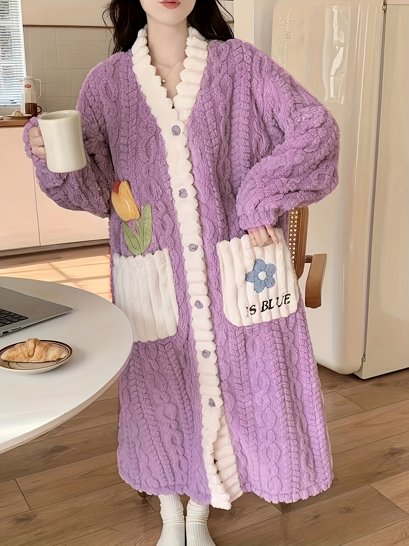 flower decor fuzzy night robe cute long sleeve v neck robe with pockets womens sleepwear details 20