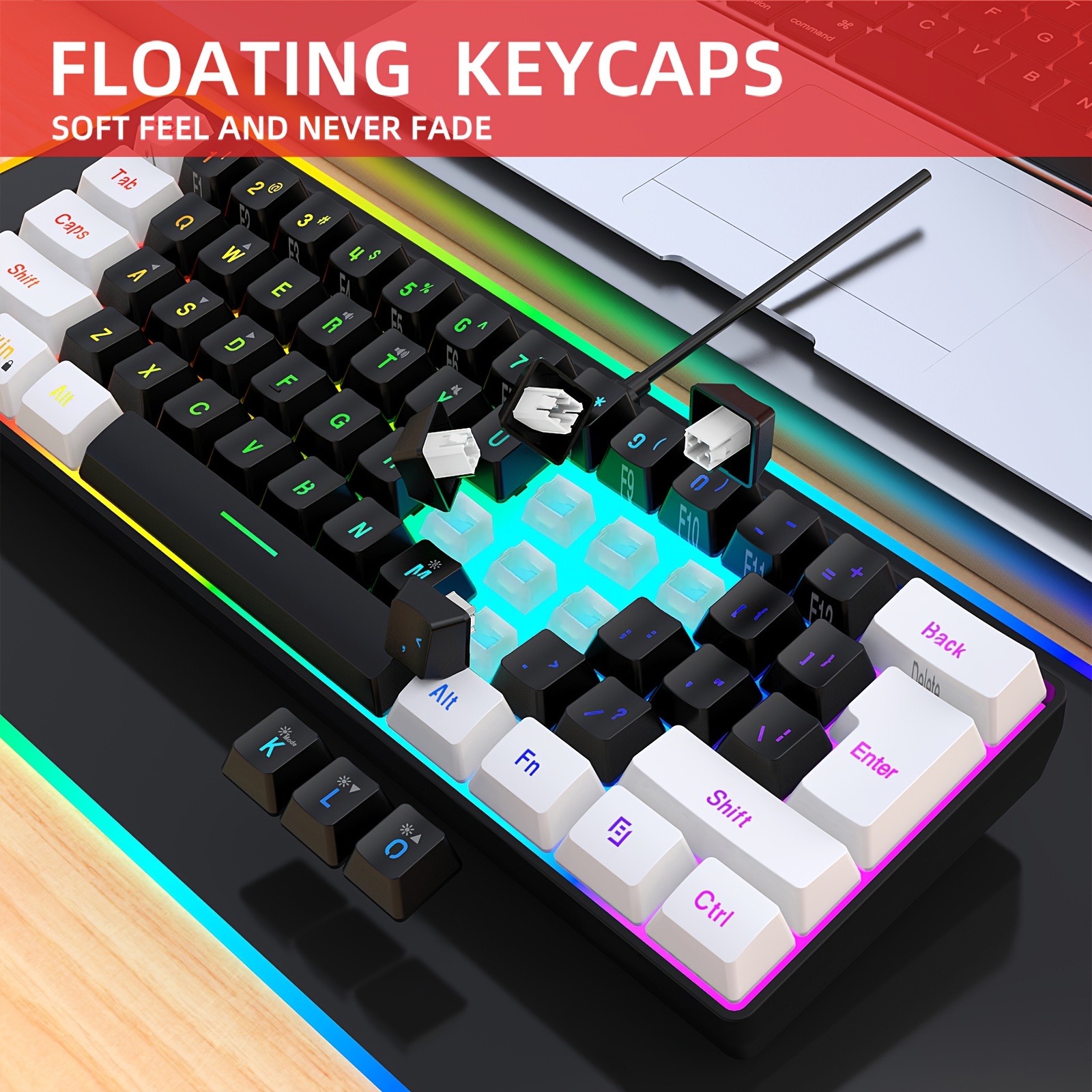 Hxsj White Black 60% Compact Rgb Keyboard Cellular Gaming - Temu