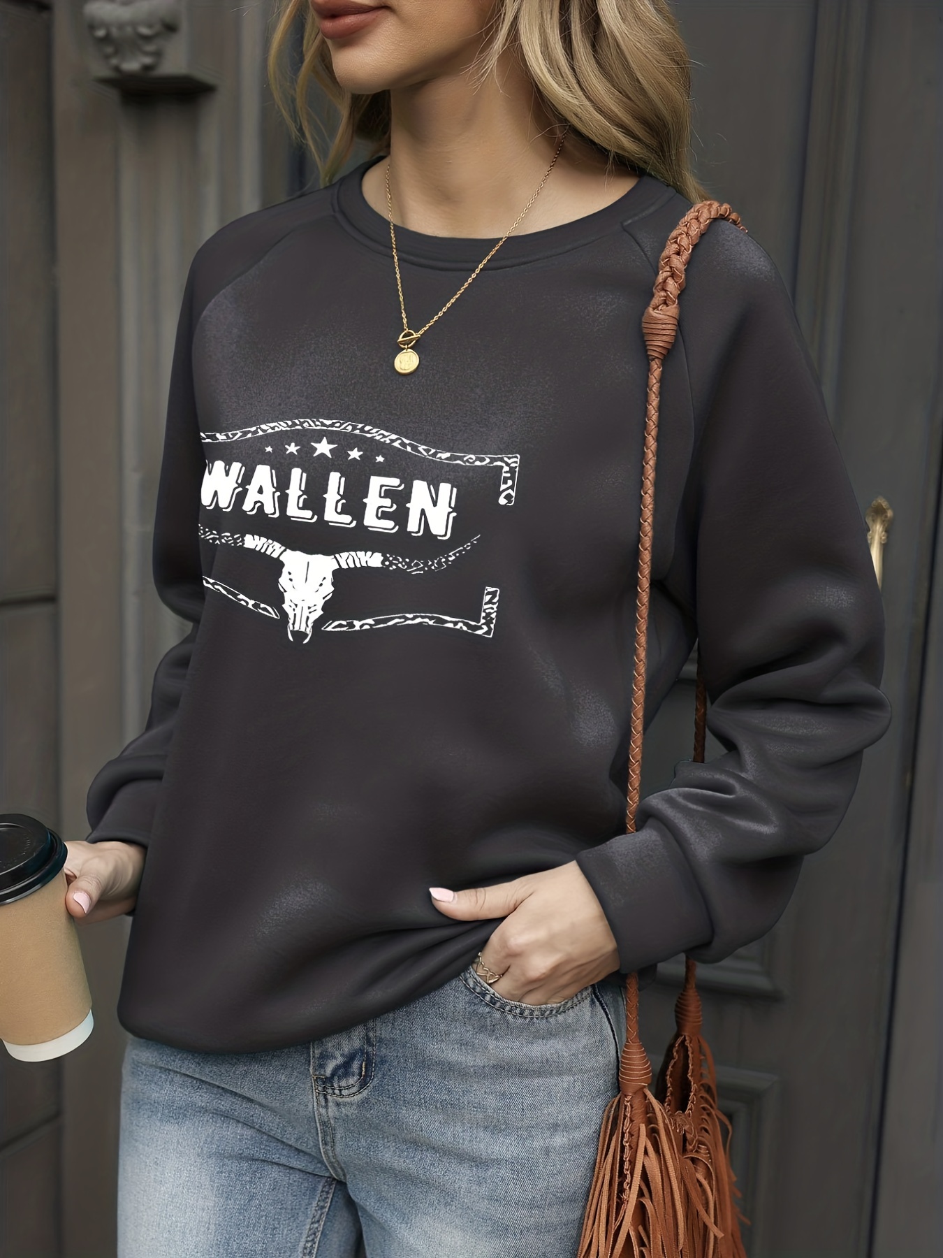 Cow Skull & Cowboy Print Pullover Sweatshirt, Casual Long Sleeve Crew Neck  Sweatshirt, Women's Clothing - Temu