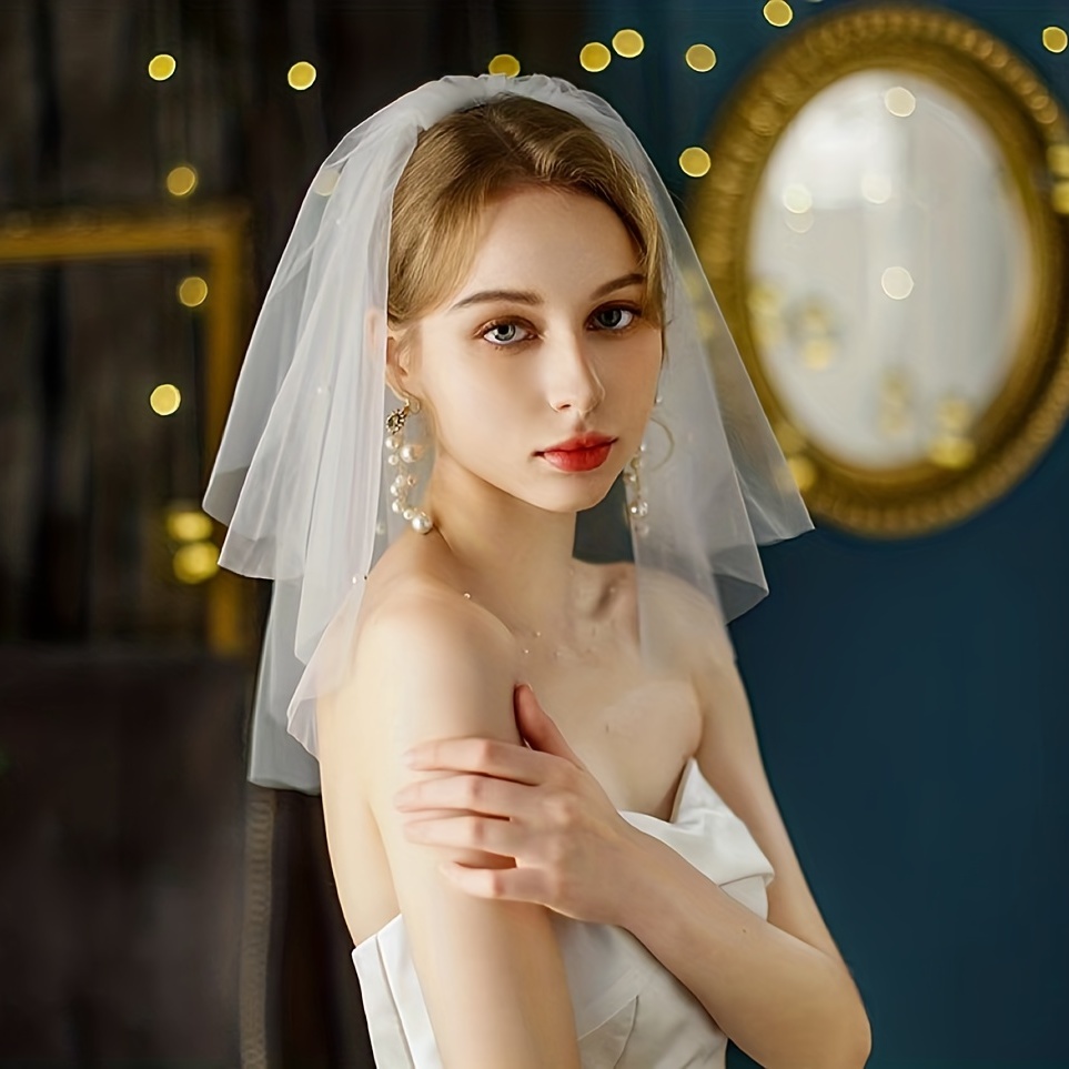 1pc Women's Wedding Bridal Veil Short 2 Tier Bead Edge Head