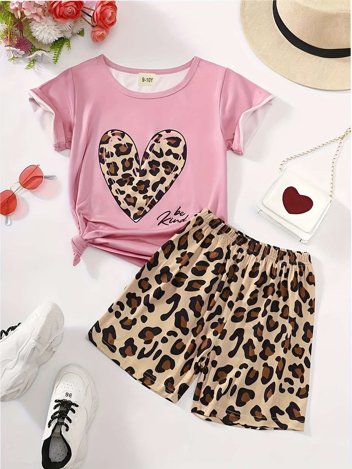 Kid Girls Leopard Heart Graphic Short Sleeve Tee Shirt Temu Canada