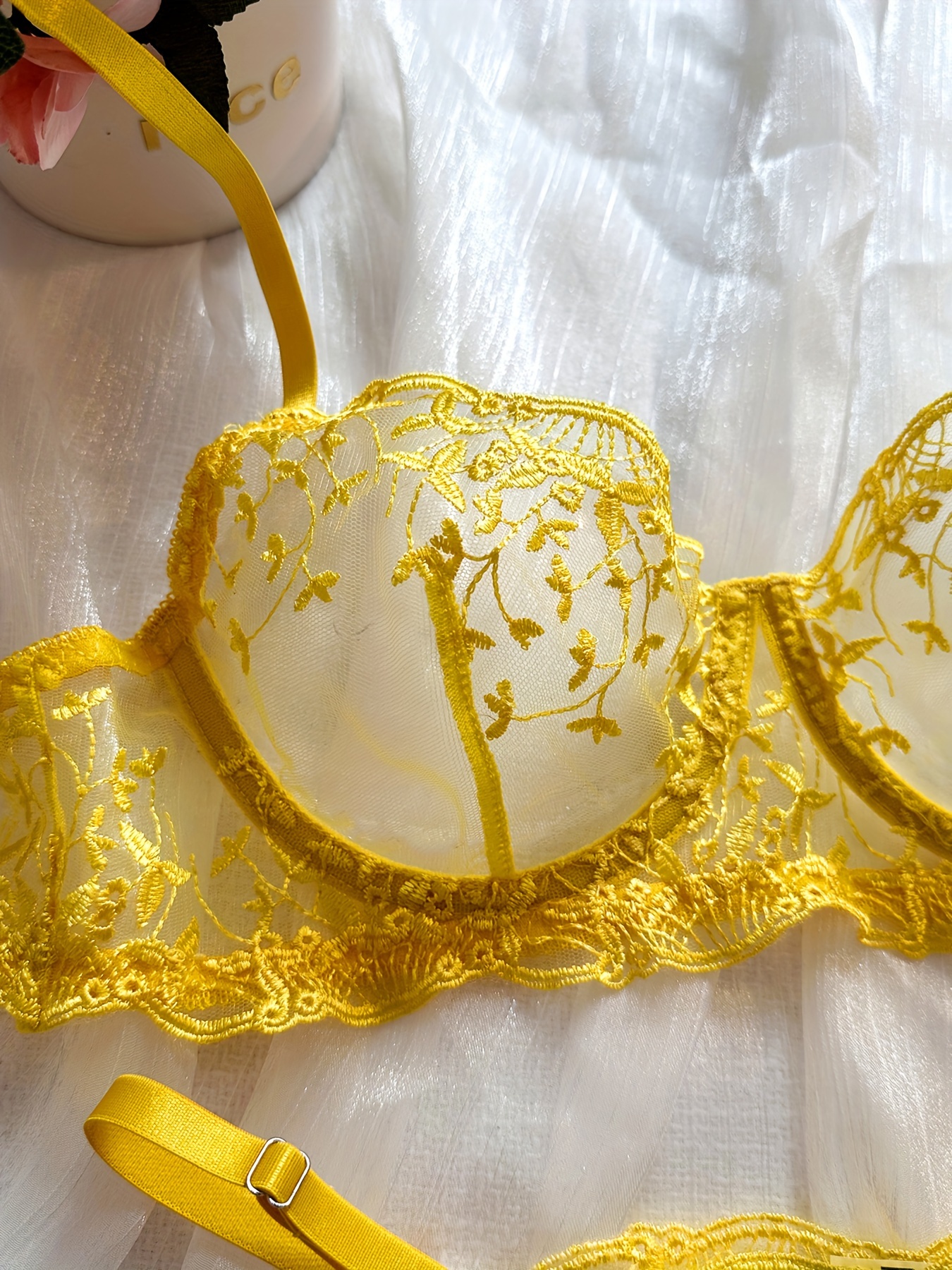 Embroidered Floral Mesh Lingerie Set - Yellow Size - Medium WAS-$7,500  NOW-$5,500 * ✿Feature: This matching bra and thong set fea