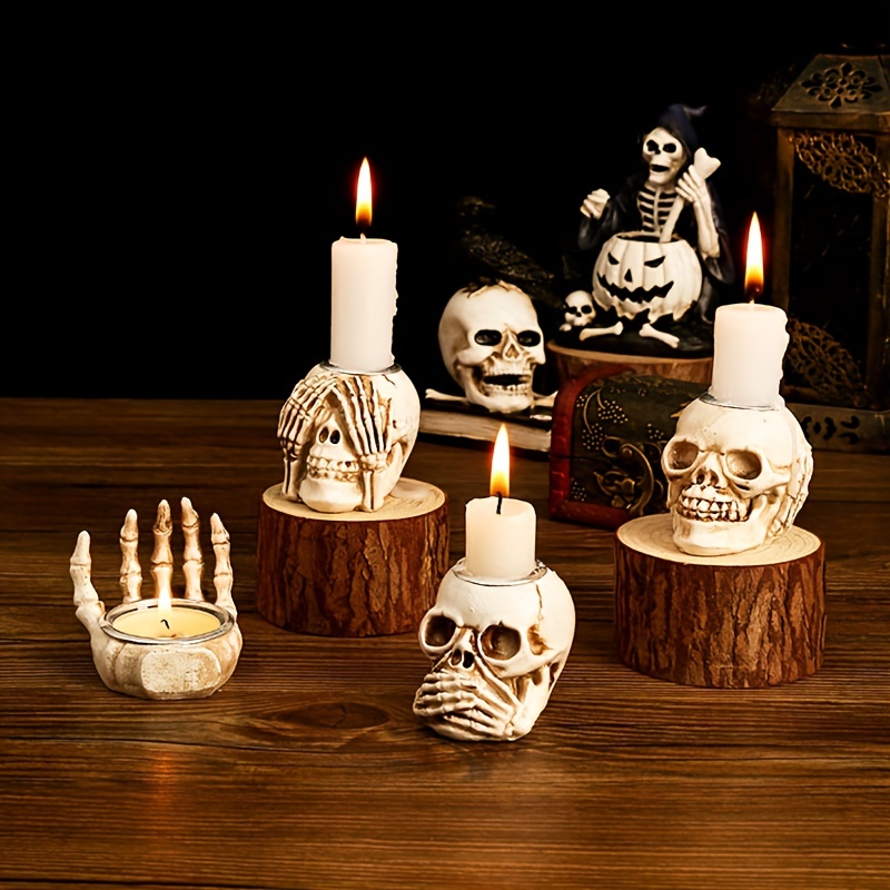 Skull Candle Holder-Gothic Shed Tears Human Skull Candle Holder Novelty  Skull Bone Candlestick Halloween White