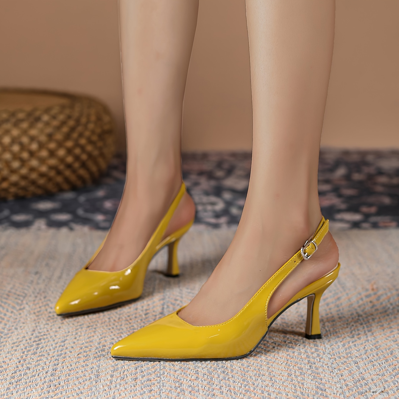 Solid Color Pointed Toe French Heel Dress Pumps, Women's Rhinestone Decor Sexy Yellow Shoes,SUN/UV Protection,Breathable,Temu