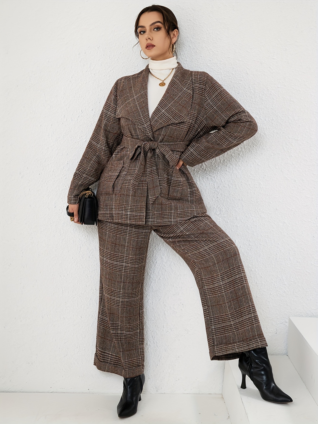 Plus Size Elegant Suit Set Women's Plus Plaid Print Long - Temu