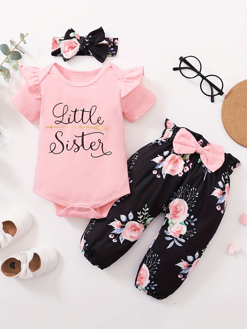 Baby Girls Cotton Short Sleeve Bodysuit Romper + Matching Floral Print Pants + Headband Baby Clothes Summer details 22