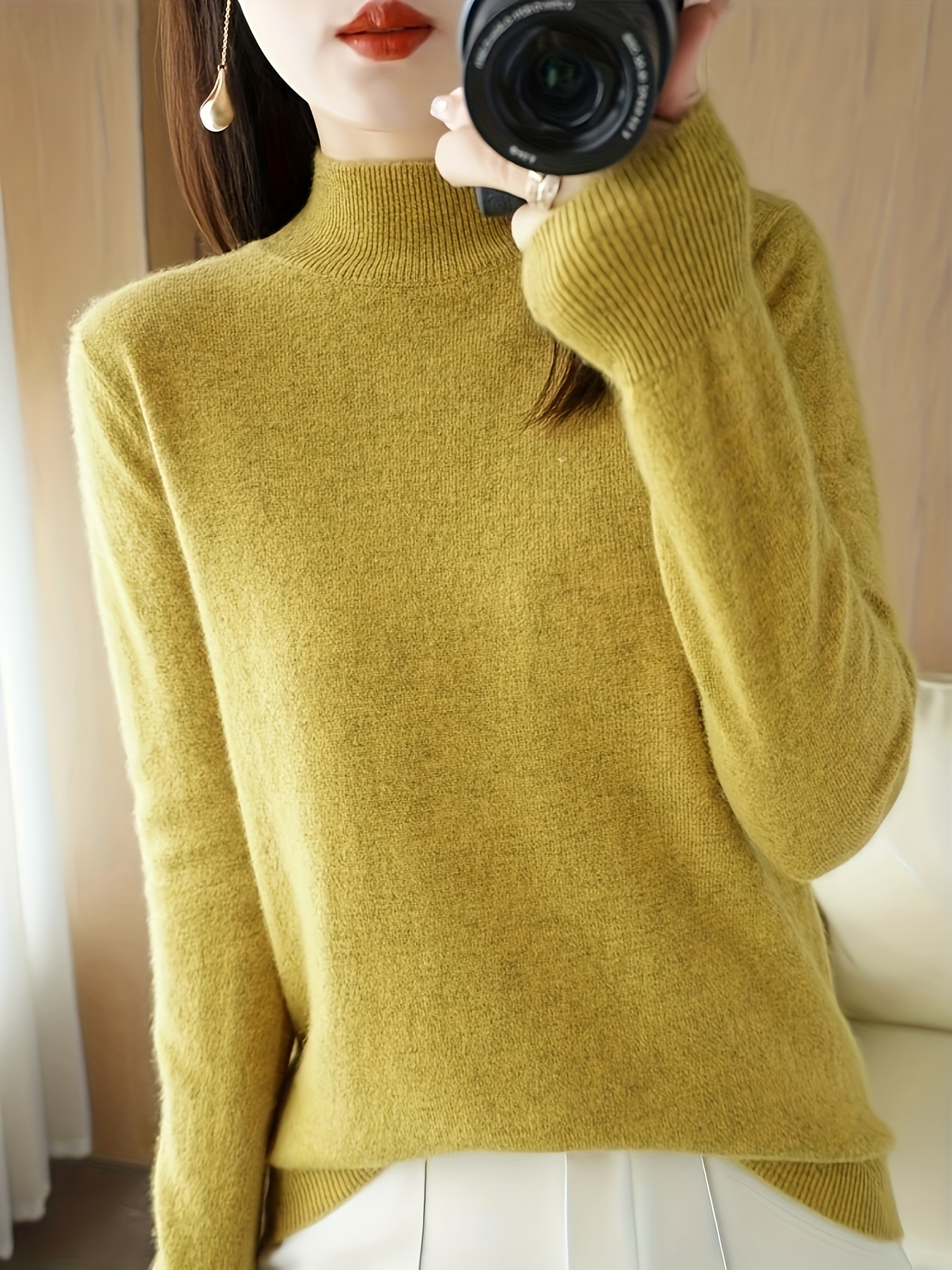 solid mock neck knitted top versatile long sleeve slim sweater womens clothing turmeric 2