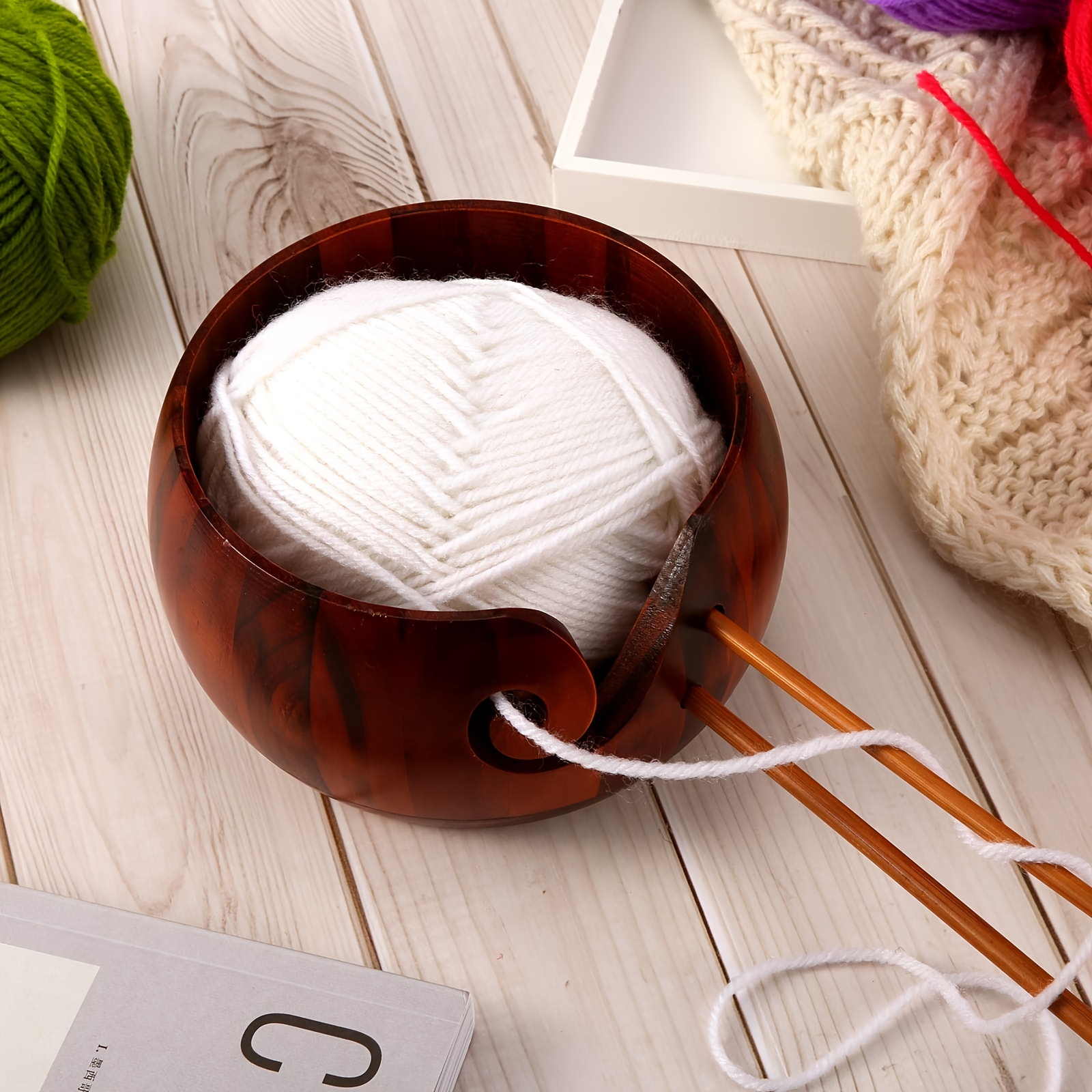 beiyoule Bamboo Yarn Bowl,Handmade Knitting Bowl Wool Holder,DIY Natural  Embroidery Crocheting Storage Accessories for Crochet Home Decor Wine Red