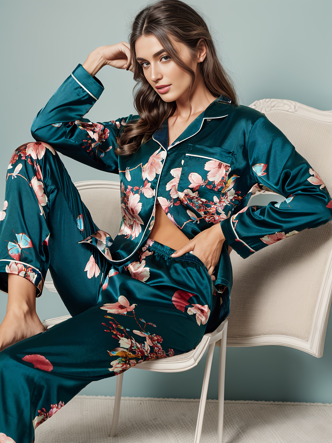 JUNZAN Colorful Bright Flowers Womens Long Sleeve Pajama Set Satin
