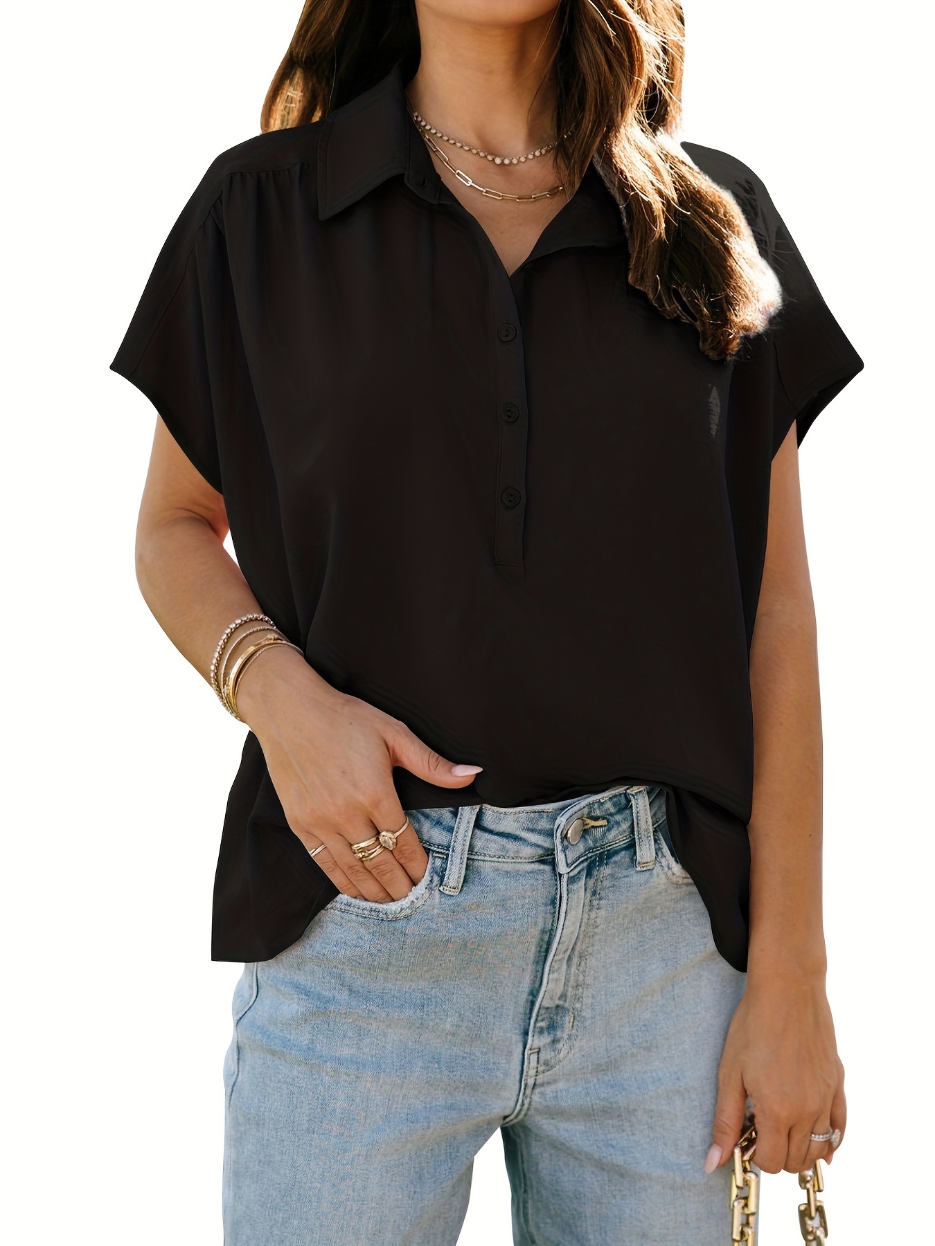 Simple Rolled Short Sleeve Blouse Casual Crew Neck Solid - Temu