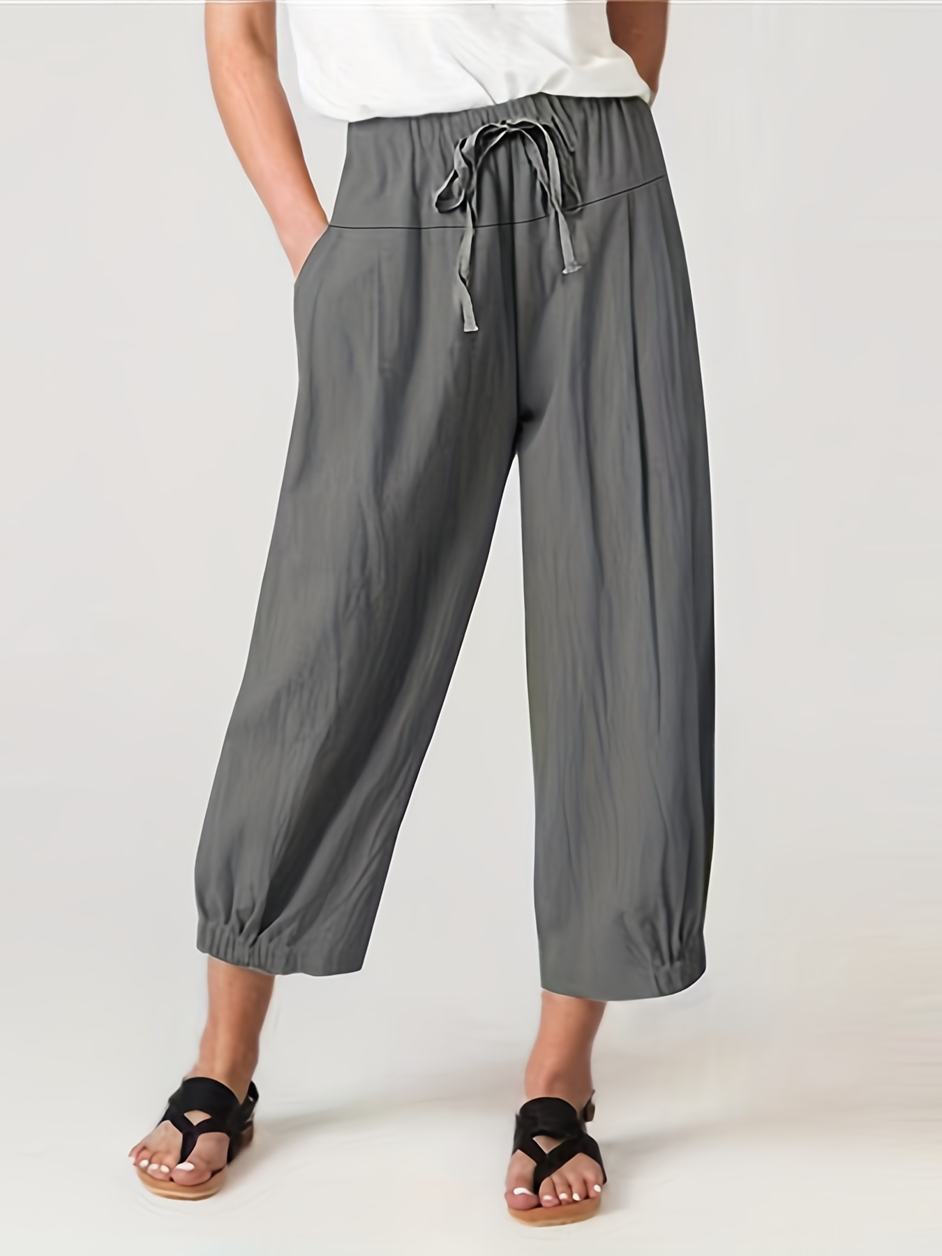 Solid Drawstring Capris Pants Casual Crop Pants Spring - Temu