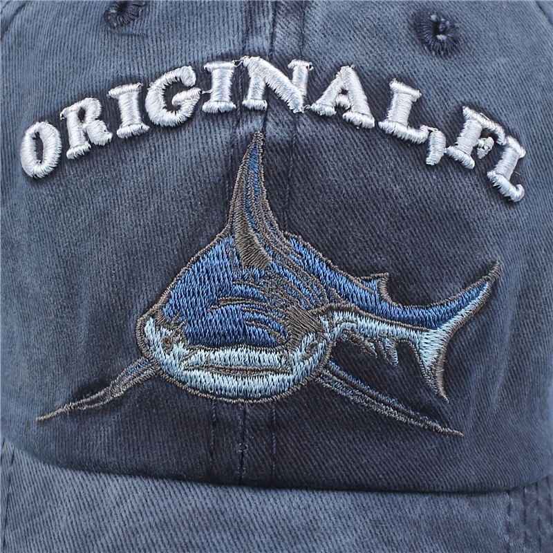Distressed Shark Embroidery Baseball Cap Vintage Sun Hat