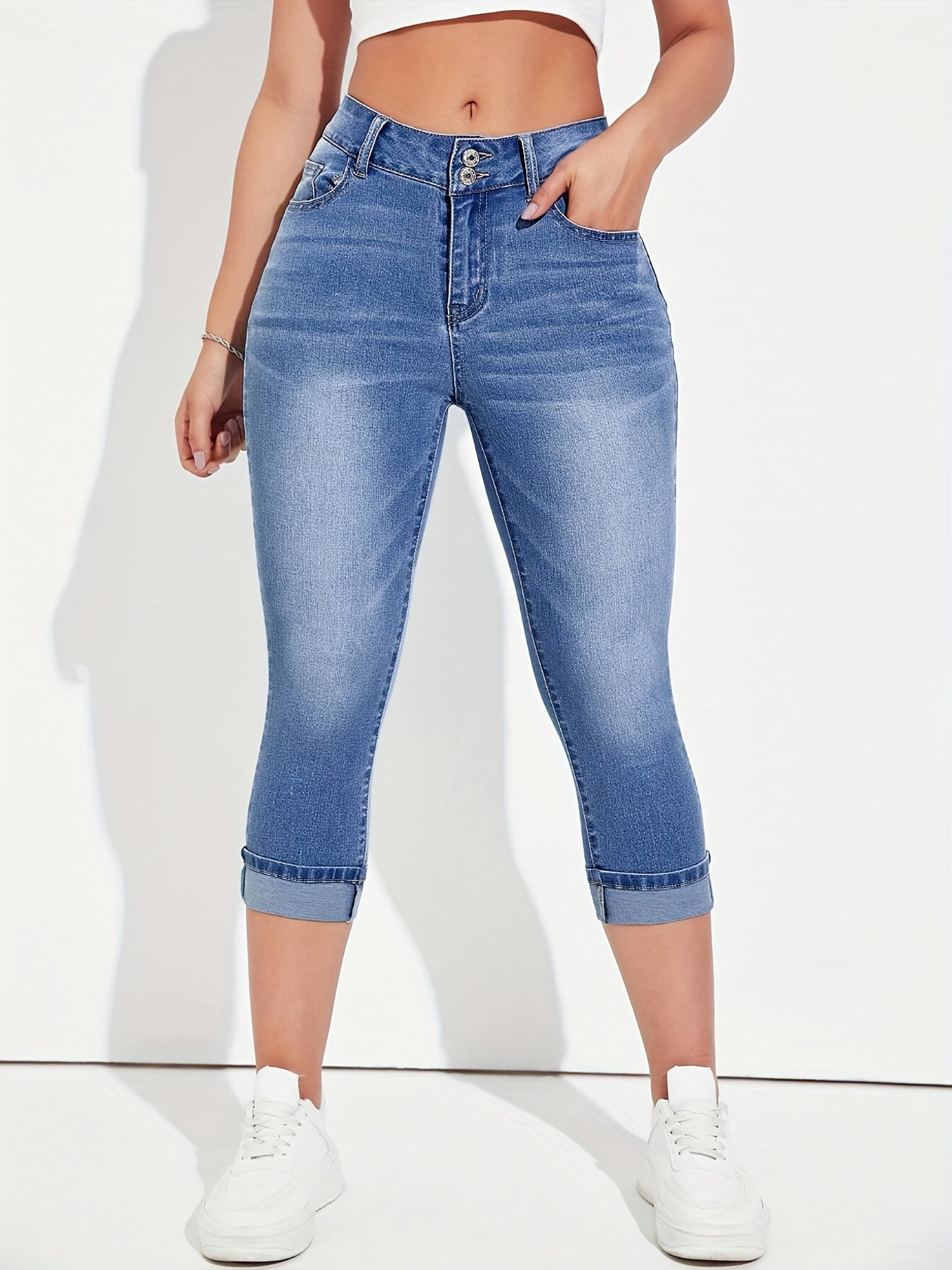 Plus Size Women's Fashion Summer Slim Fit Capri Jeans High Waist 3