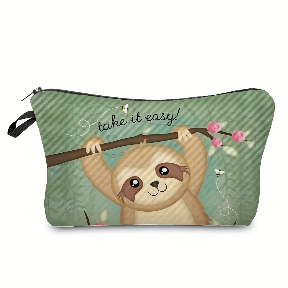 Image of Travel-friendly, Adorable Sloth Cartoon Print Cosmetic Bag - Lightweight, Foldable Travel Toiletry Organizer With Zipper Closure - Makeup, Phone & Pencil Storage - Ideal Party Gift