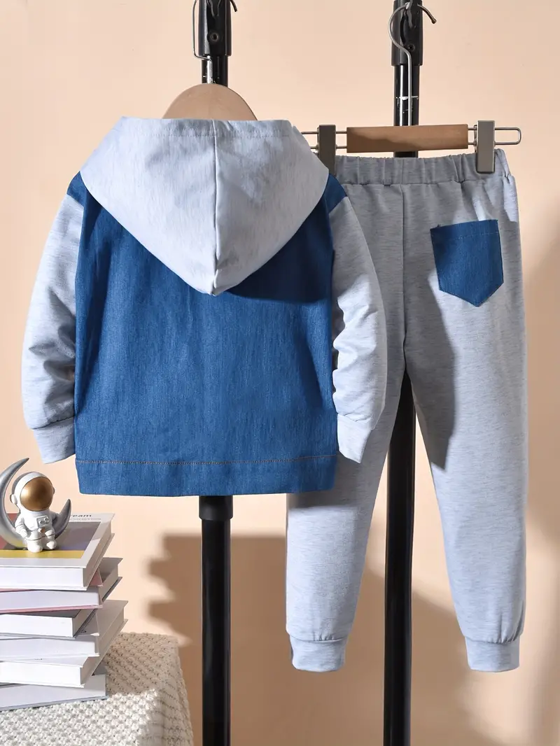 2pcs boys denim jacket outfit hooded coat sweatpants set casual long sleeve top kids clothes for spring fall winter details 0