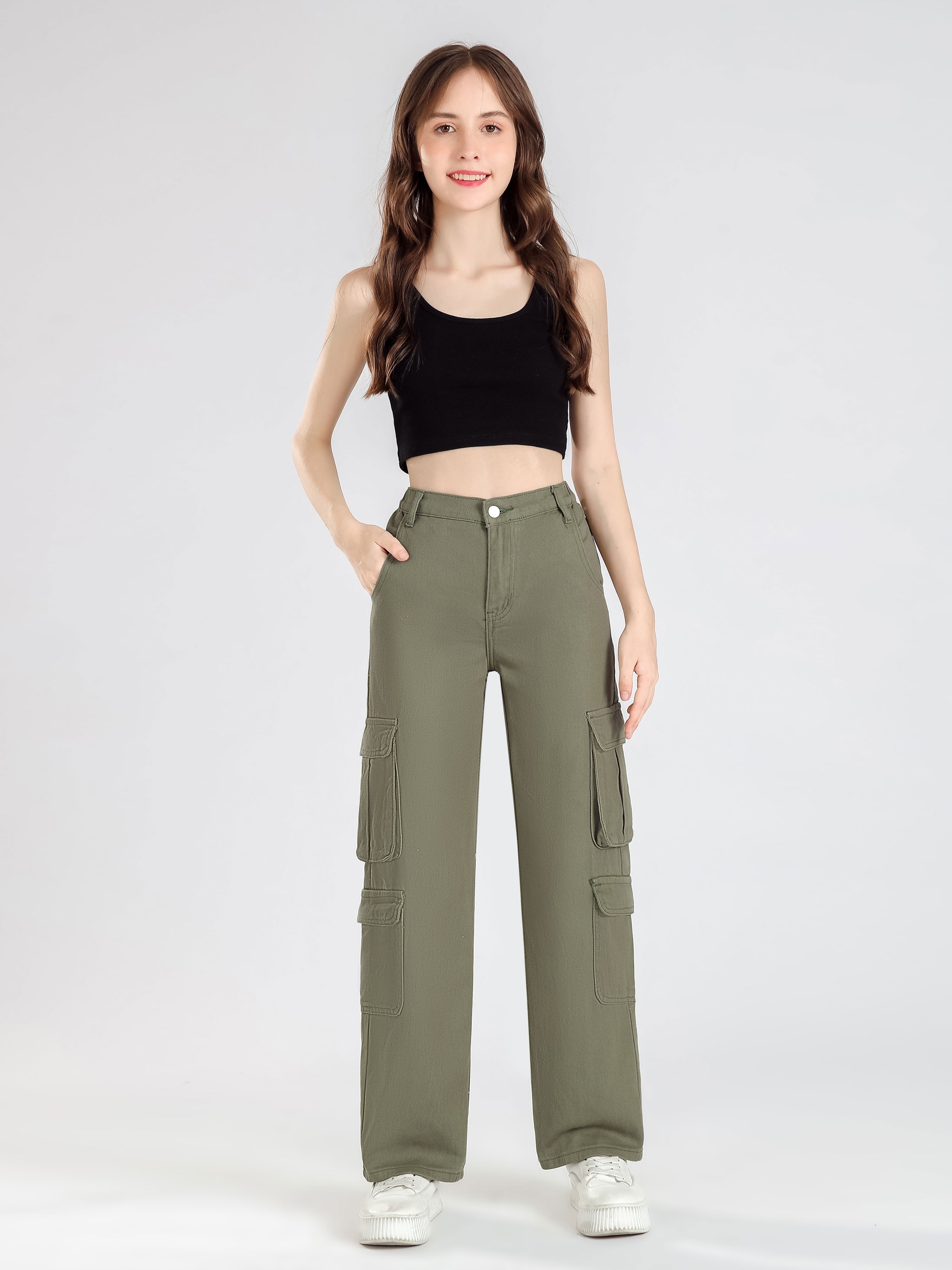 Tween Girl Solid Basic Cargo Pants Functional Pockets - Temu