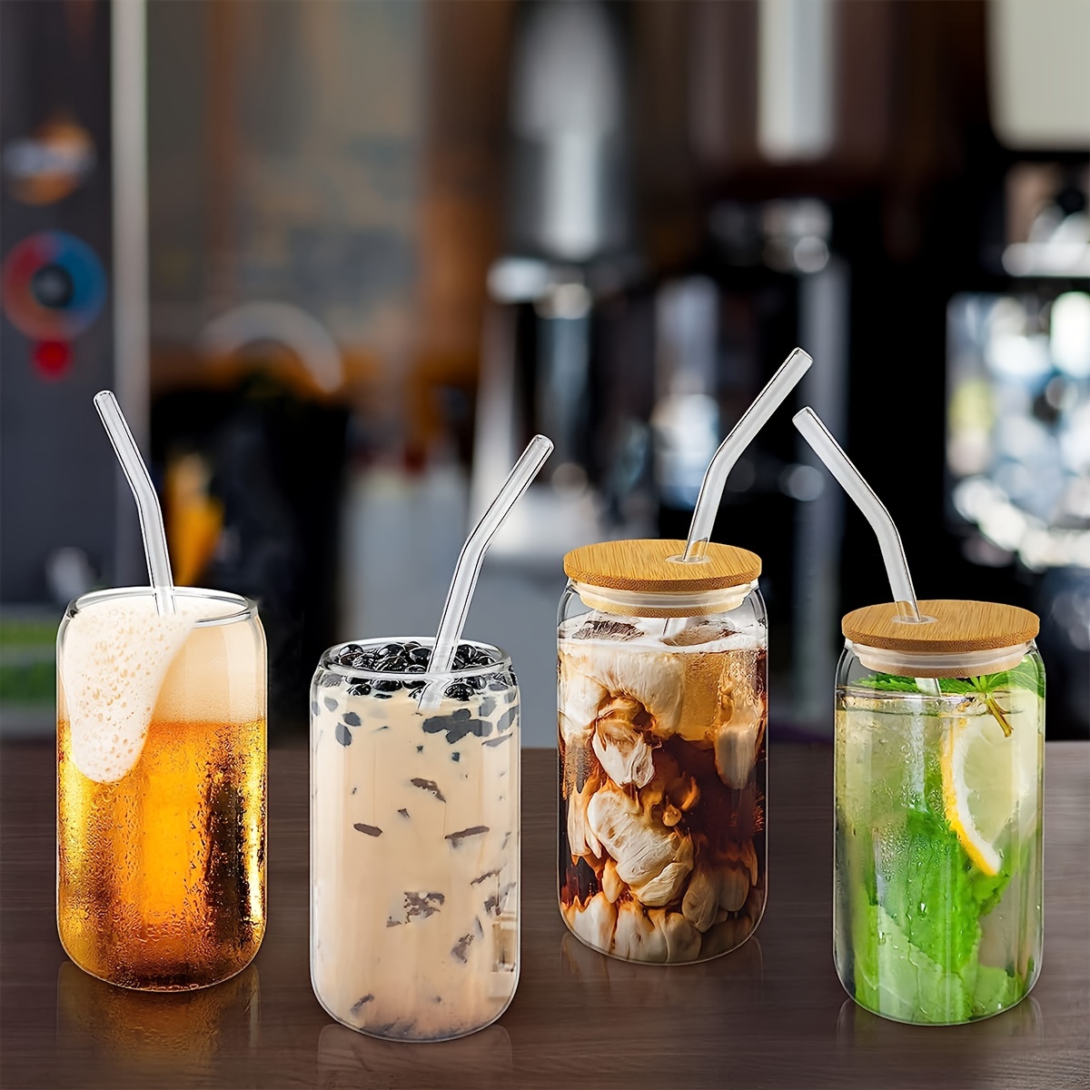 4pcs Glass Cups - Glass Cups With Lids And Straws - 16oz Iced Coffee Cup  4pcs Set - Glass Tumbler With Straw And Lid - Glass Coffee Cups - Ice  Coffee Cup 
