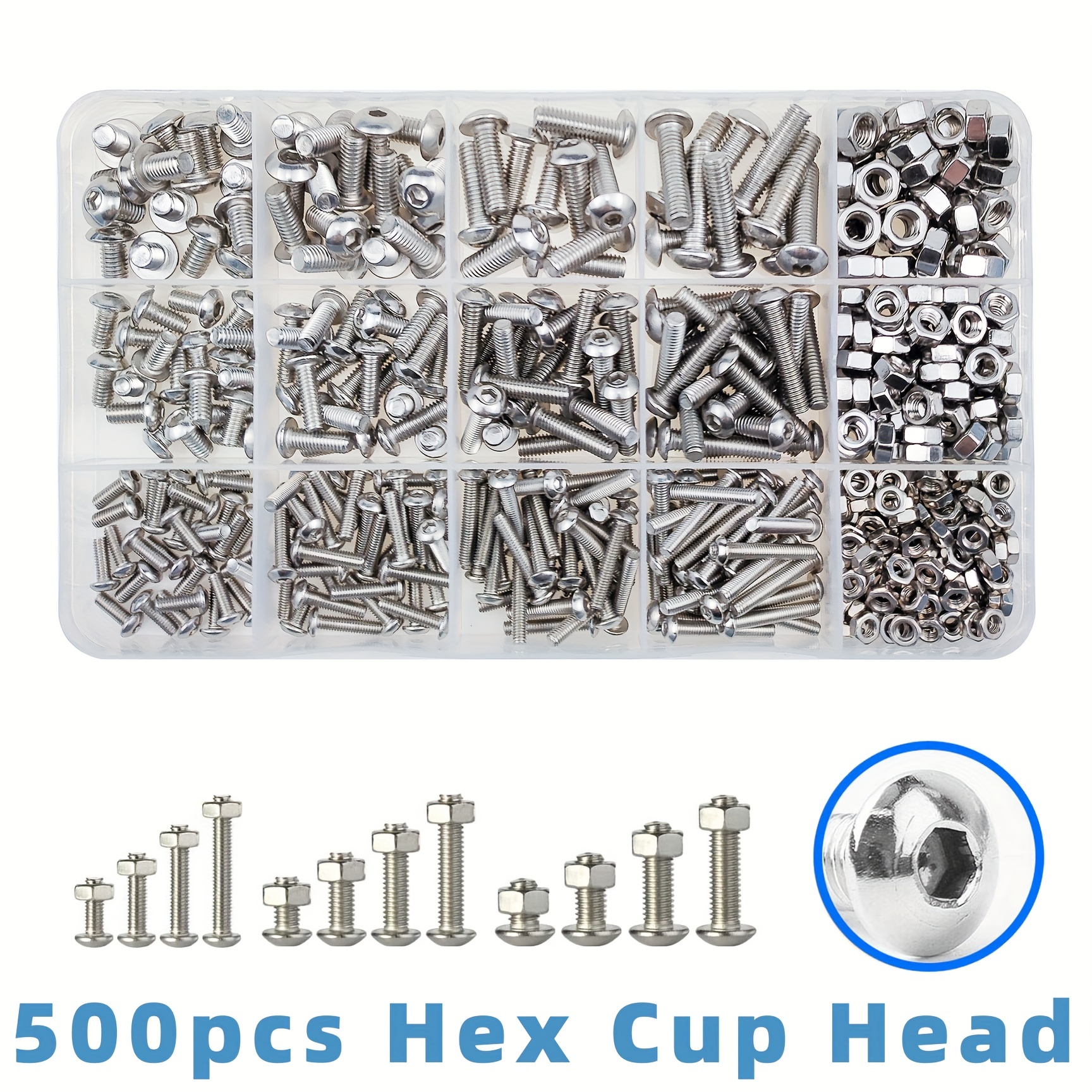 

500pcs 304 Stainless Steel Boxed Set, M3m4m5 Pan Head Screws, Bolts Nuts Round Head Hexagon Screws
