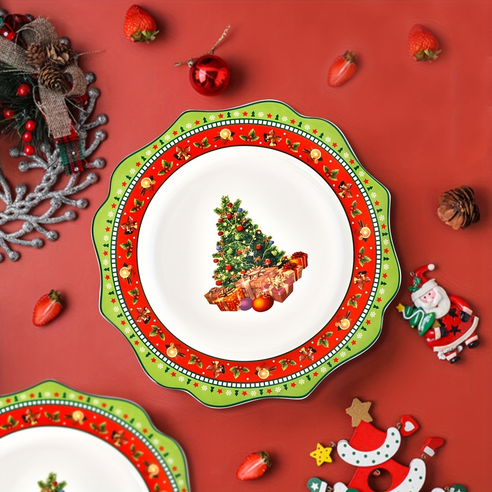 Assiette à dessert en porcelaine blanche motif Noël flocons rouges