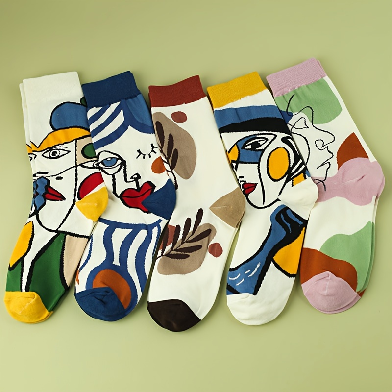 

5 Pairs Of Men's Trendy Art Abstract Face Pattern Crew Socks, Cotton Breathable Comfy Casual Unisex Socks For Men's Outdoor Wearing, All Seasons Wearing