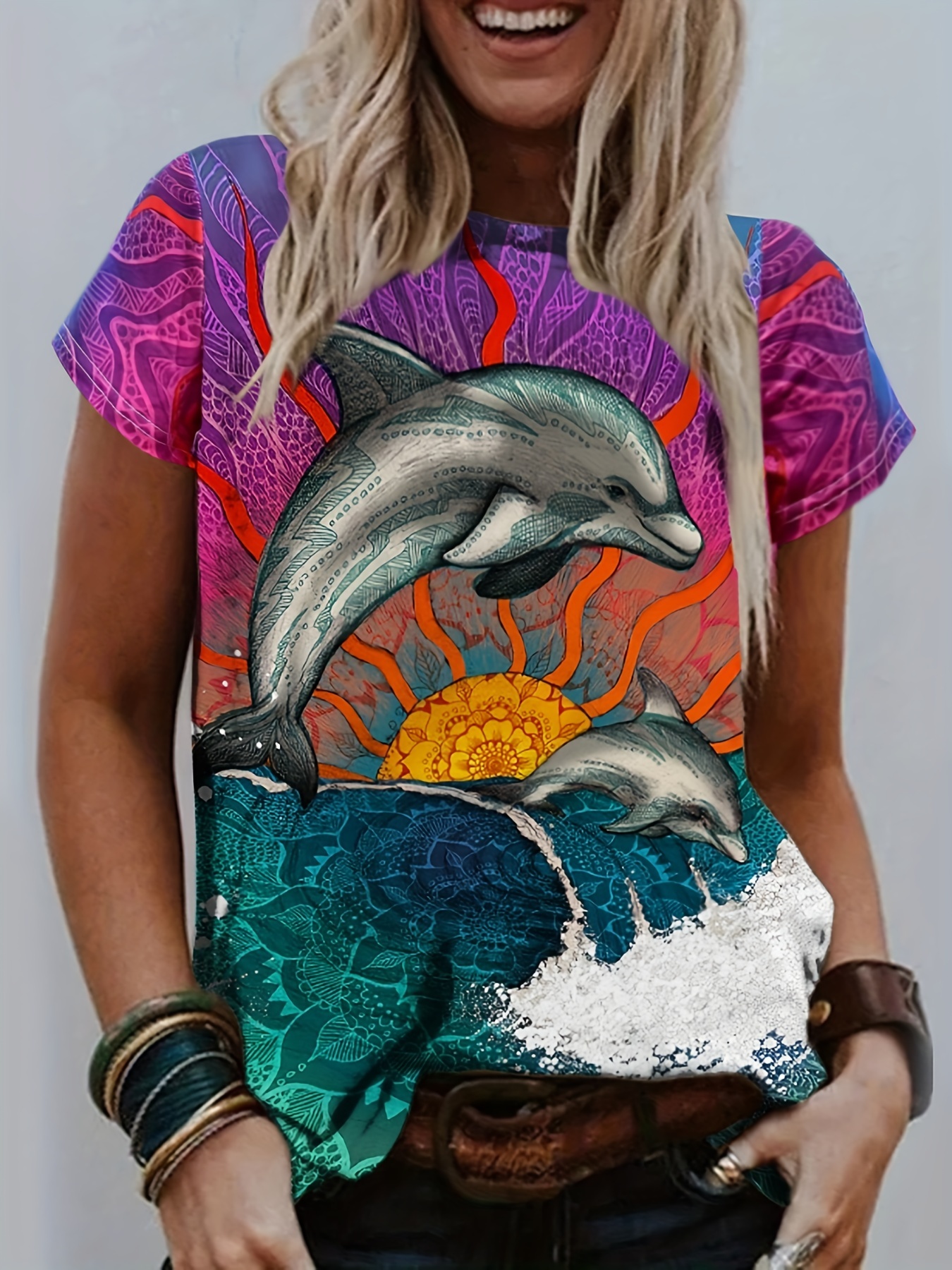 Fish Print T shirt Casual Short Sleeve Crew Neck Top Spring - Temu