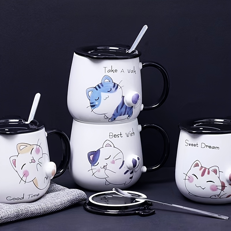 DROPSHIPPING Cat Shape Ceramic Drinking Water Mug Unique Juice Tea Milk Coffee  Cup Breakfast Fruit Salad Oatmeal Bowl With Lid