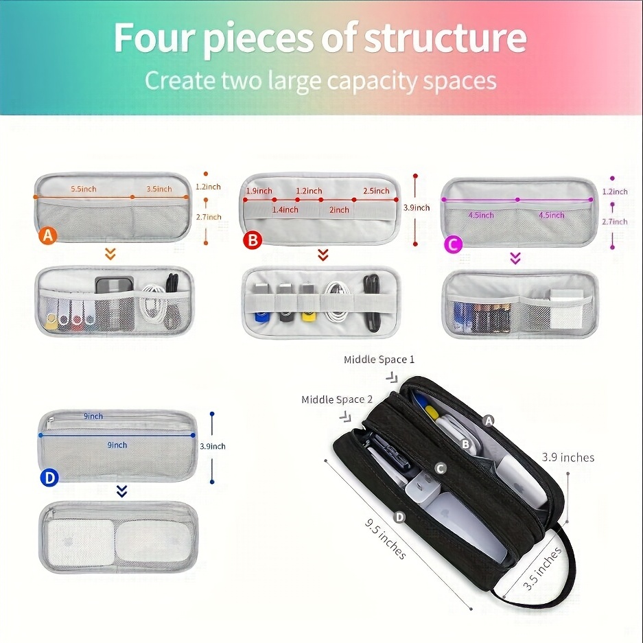Organizador de cables de viaje, organizador electrónico portátil  impermeable para cable USB, cargador de teléfono, auriculares, tarjeta SD,  5 unidades