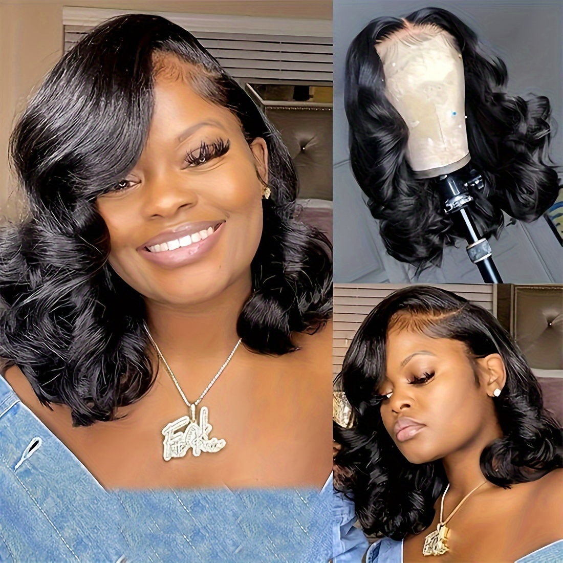 Deep Wave Bob Wig Bangs Natural Synthetic Hair Replacement Temu