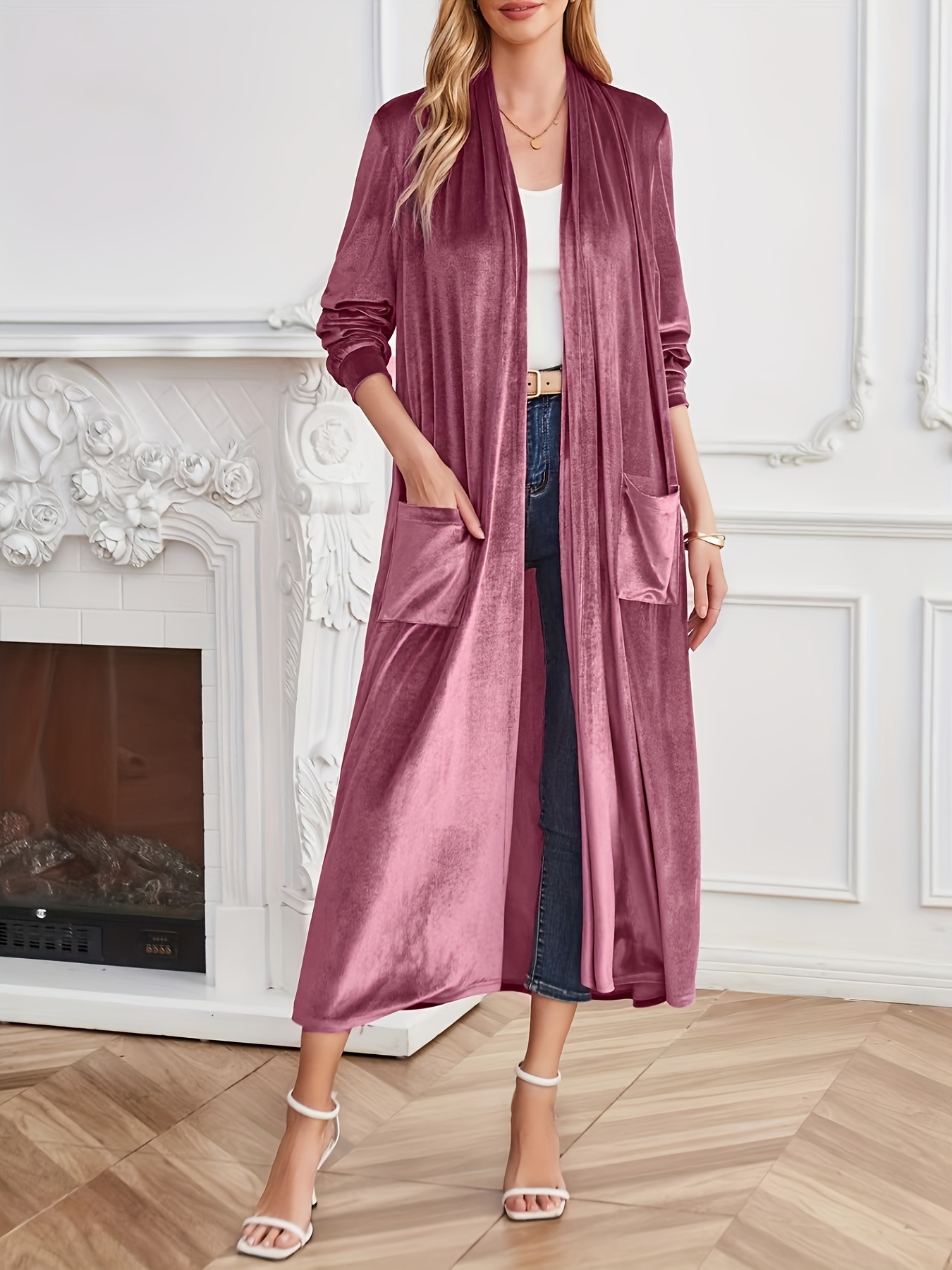 Plus Size Elegant Coat Women's Plus Solid Velvet Long Sleeve
