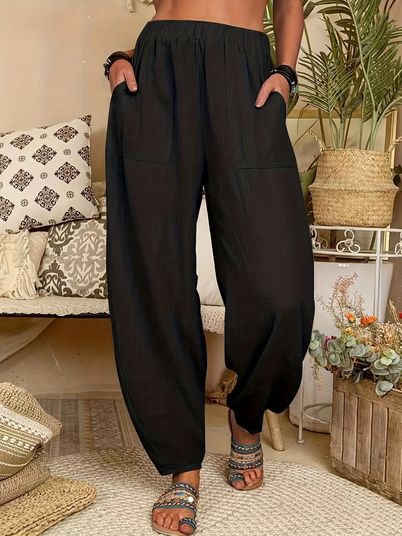 Womens Frill Elastic High Waist Harem Pants Loose Plain Casual Pockets  Trousers