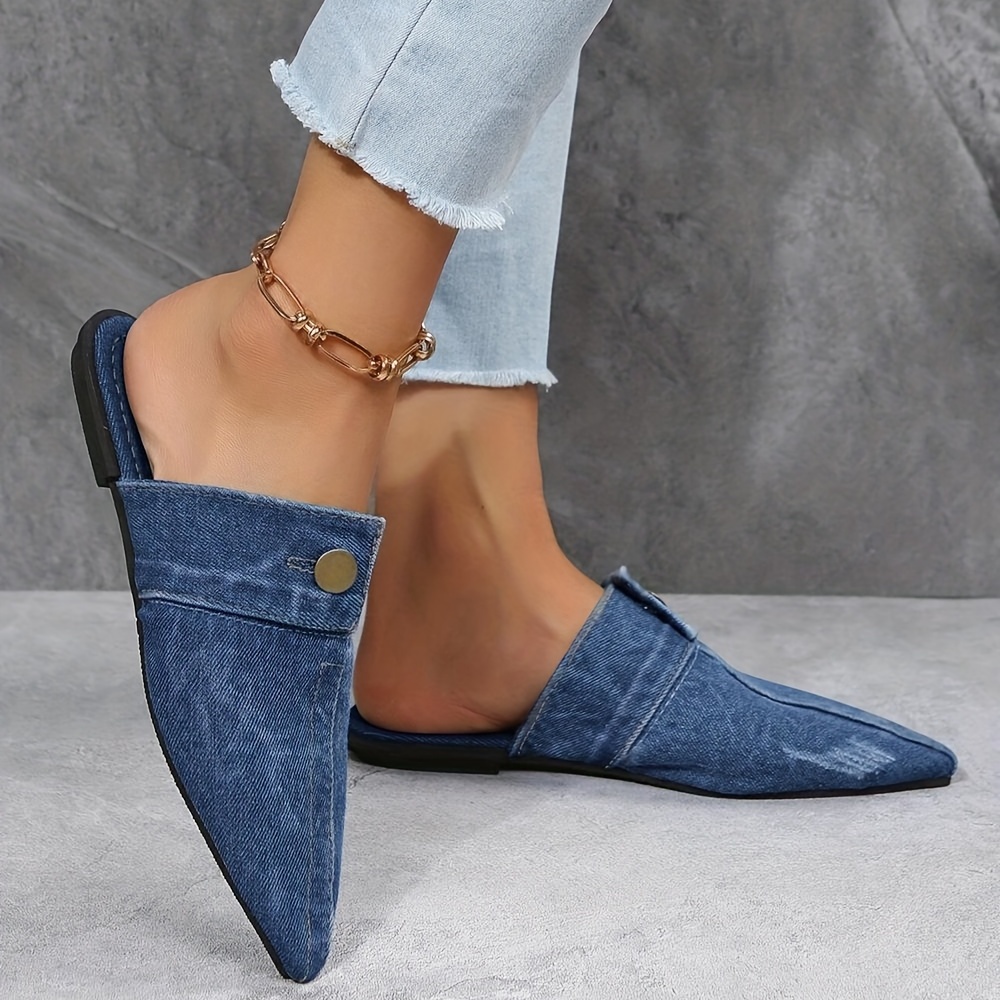 Women's Denim Flat Mules Fashion Pointed Toe Slip Non Slip - Temu
