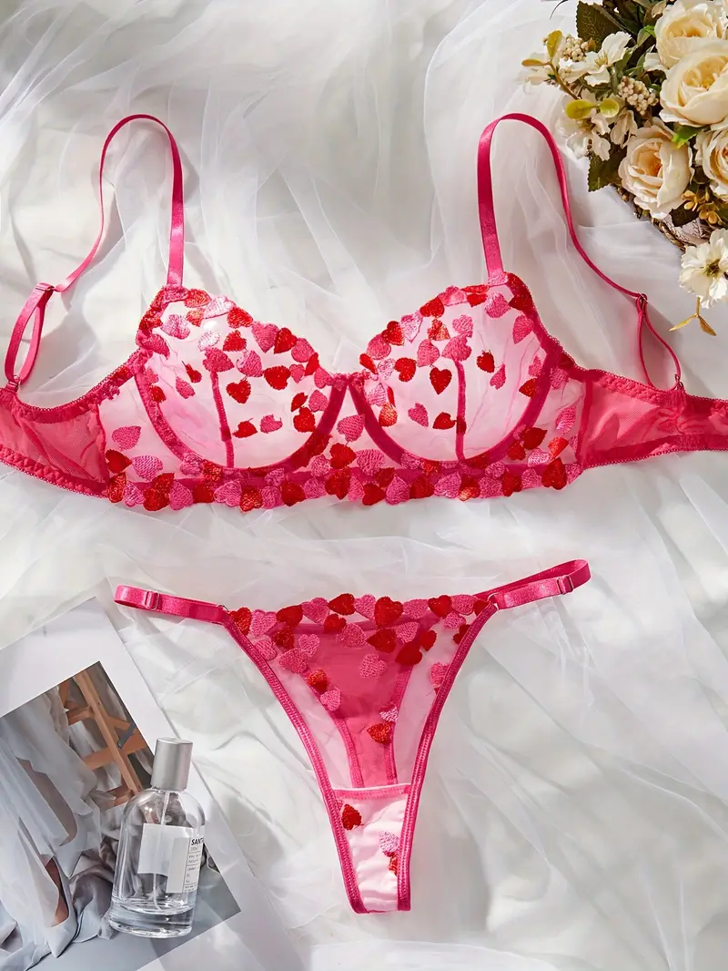 Heart Embroidery Lingerie Set, Semi Sheer Intimates Bra & Thong, Women's  Sexy Lingerie & Underwear