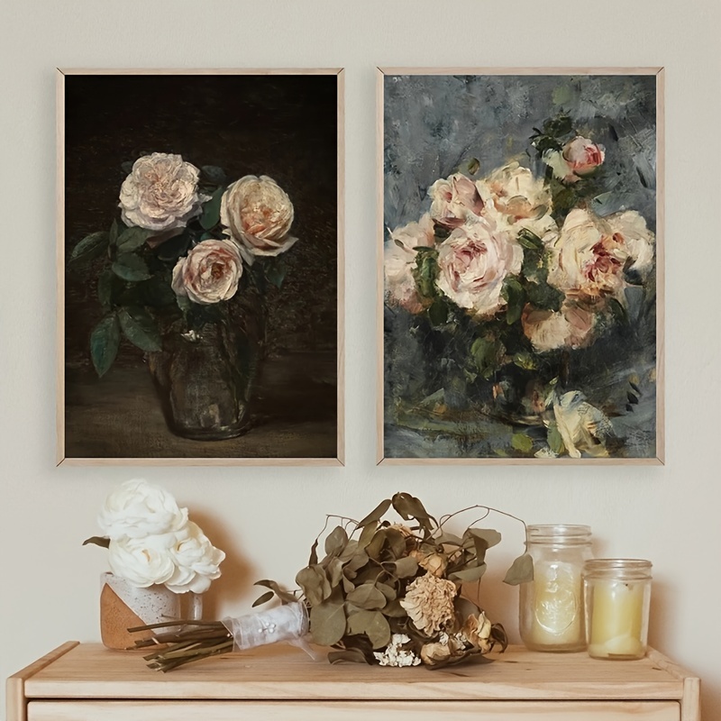 1pc Antique Flower Canvas Painting Vintage Garden Rose Floral Print Retro Botanical Gallery Canvas Wall Art Decor For Living Room Bedroom Office Home Decor No Frame