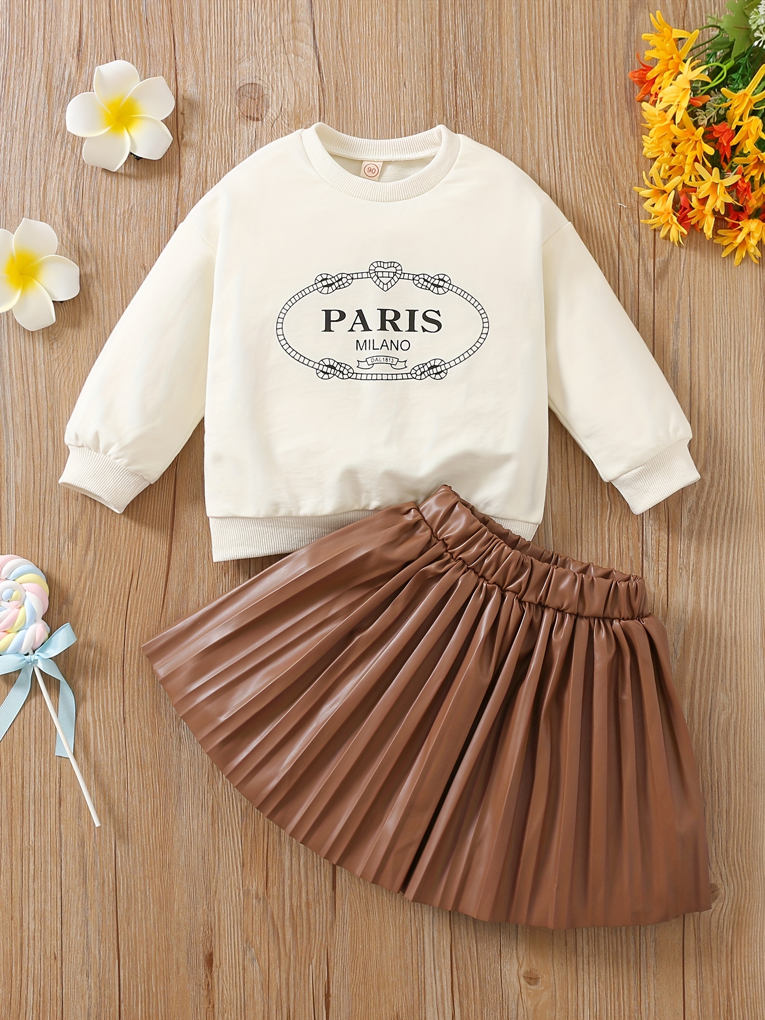 Girl's Paris Print Outfit Sweatshirt Pu Pleated Skirt Set - Temu