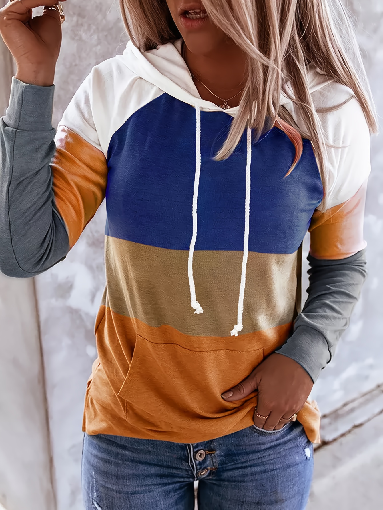 Color Block Simple Hoodies Casual Drawstring Long Sleeve - Temu