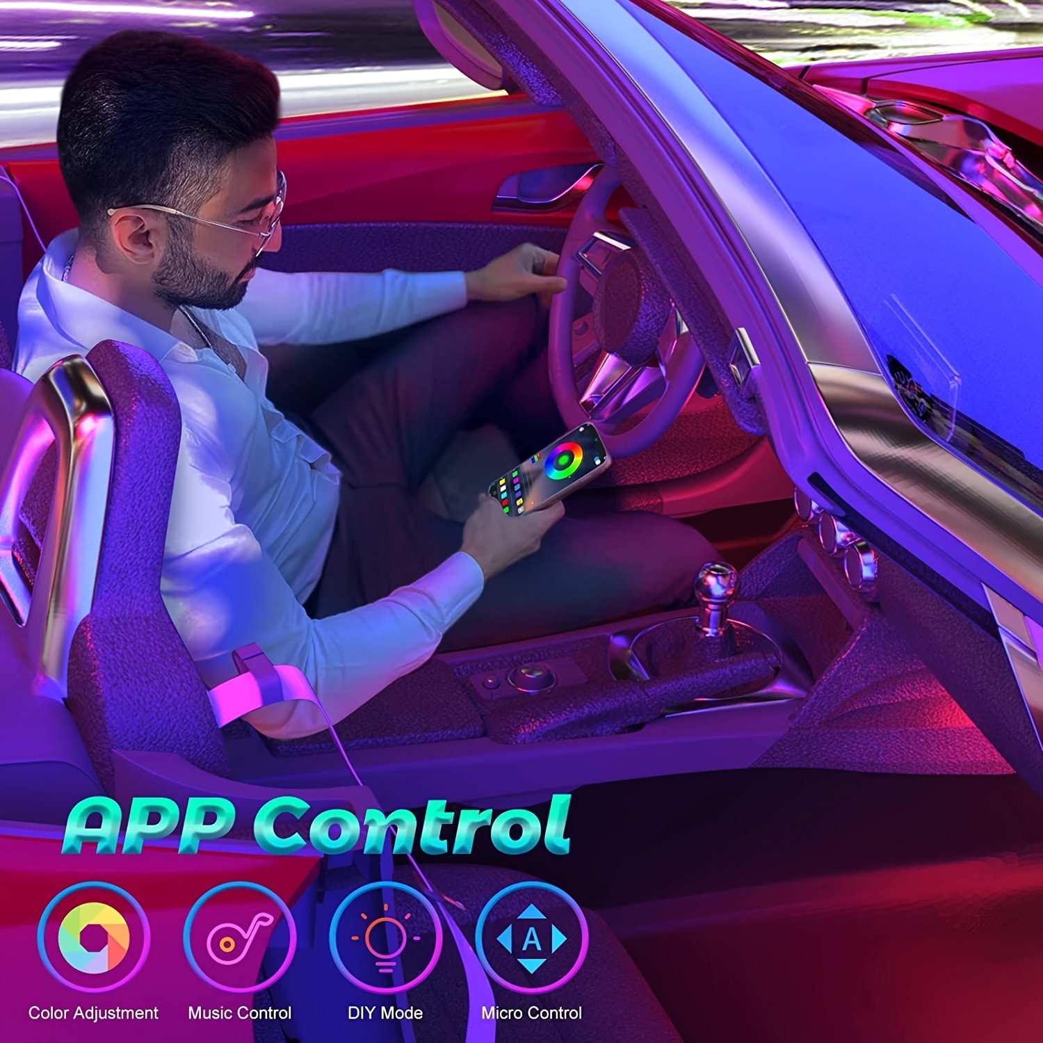 Luci a LED per auto, accessori per auto, luci interne per auto intelligenti  con controllo app, luci interne per auto RGB con modalità fai-da-te e moda