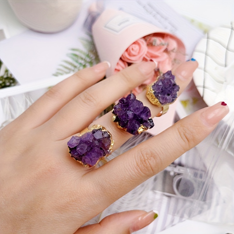 Irregular Raw Amethyst Cluster Ring for Men, Adjustable