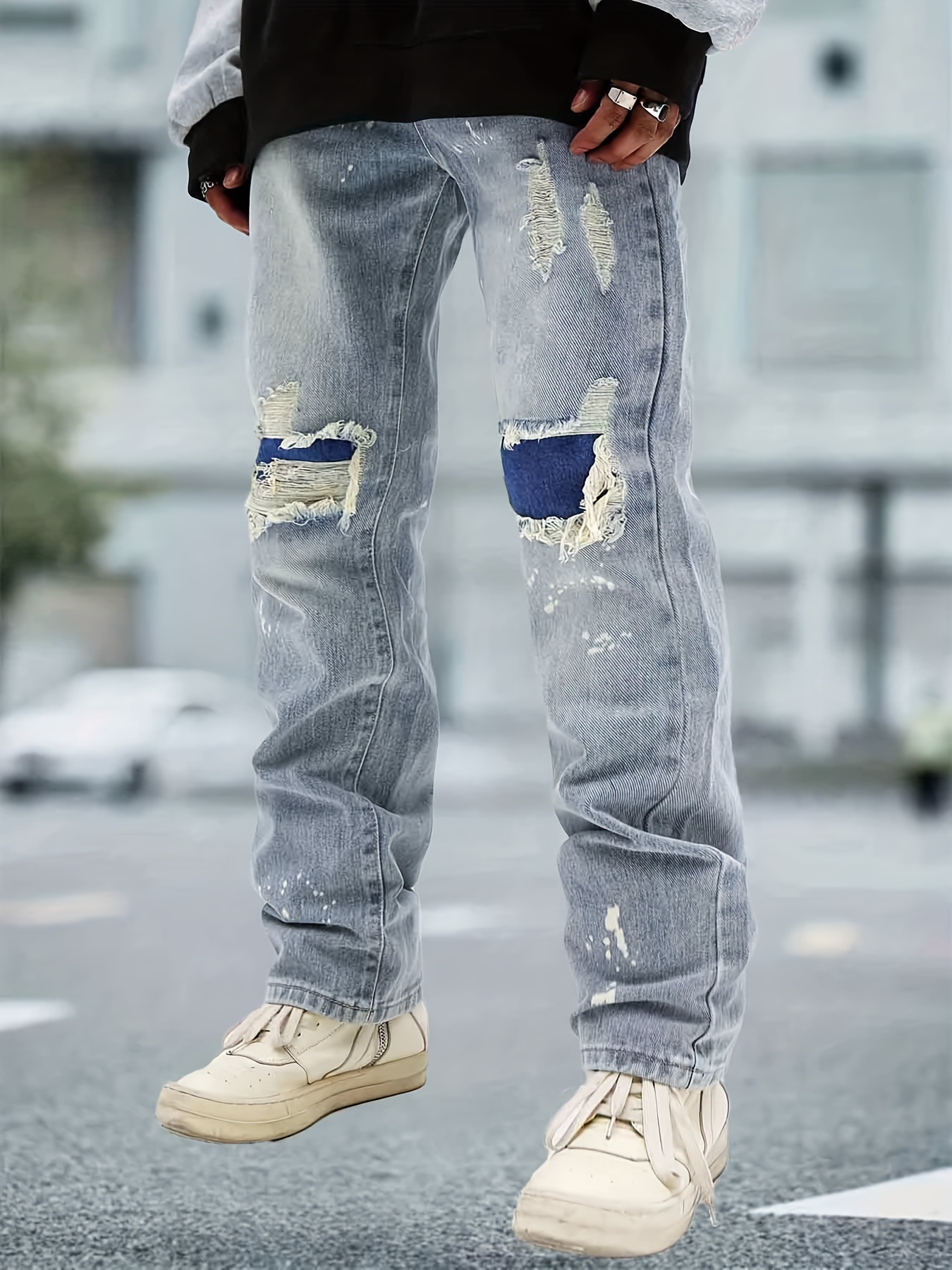Hip Hop Jeans Men Ripped Denim Pants Patches For Jeans Slim Straight  Distressed Stretch Male Blue