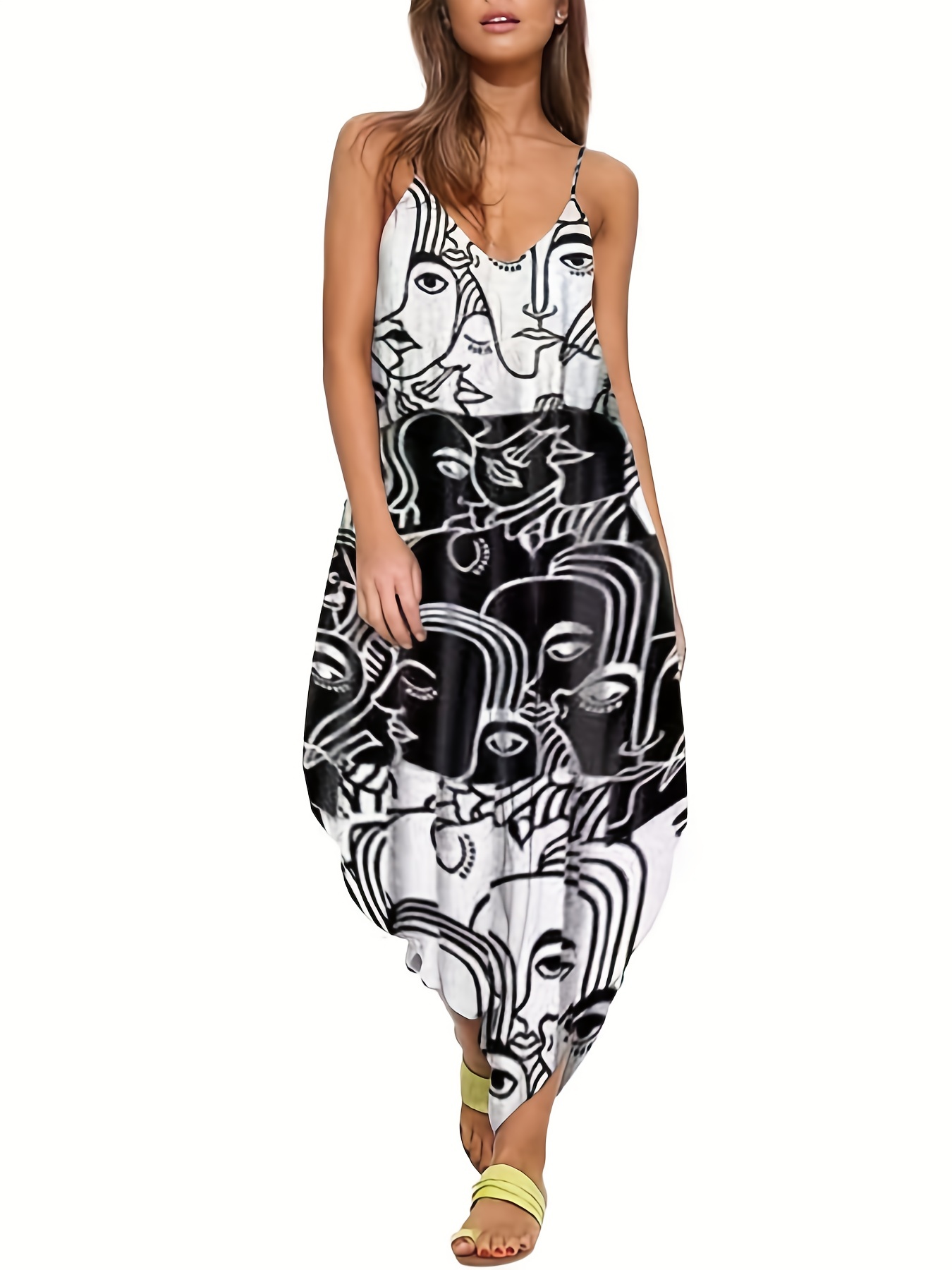 Boho Loose Geometric Print Cami Harem Pants Jumpsuit, Casual V-neck  Asymmetrical Hem One Piece Jumpsuit, Women's Clothing