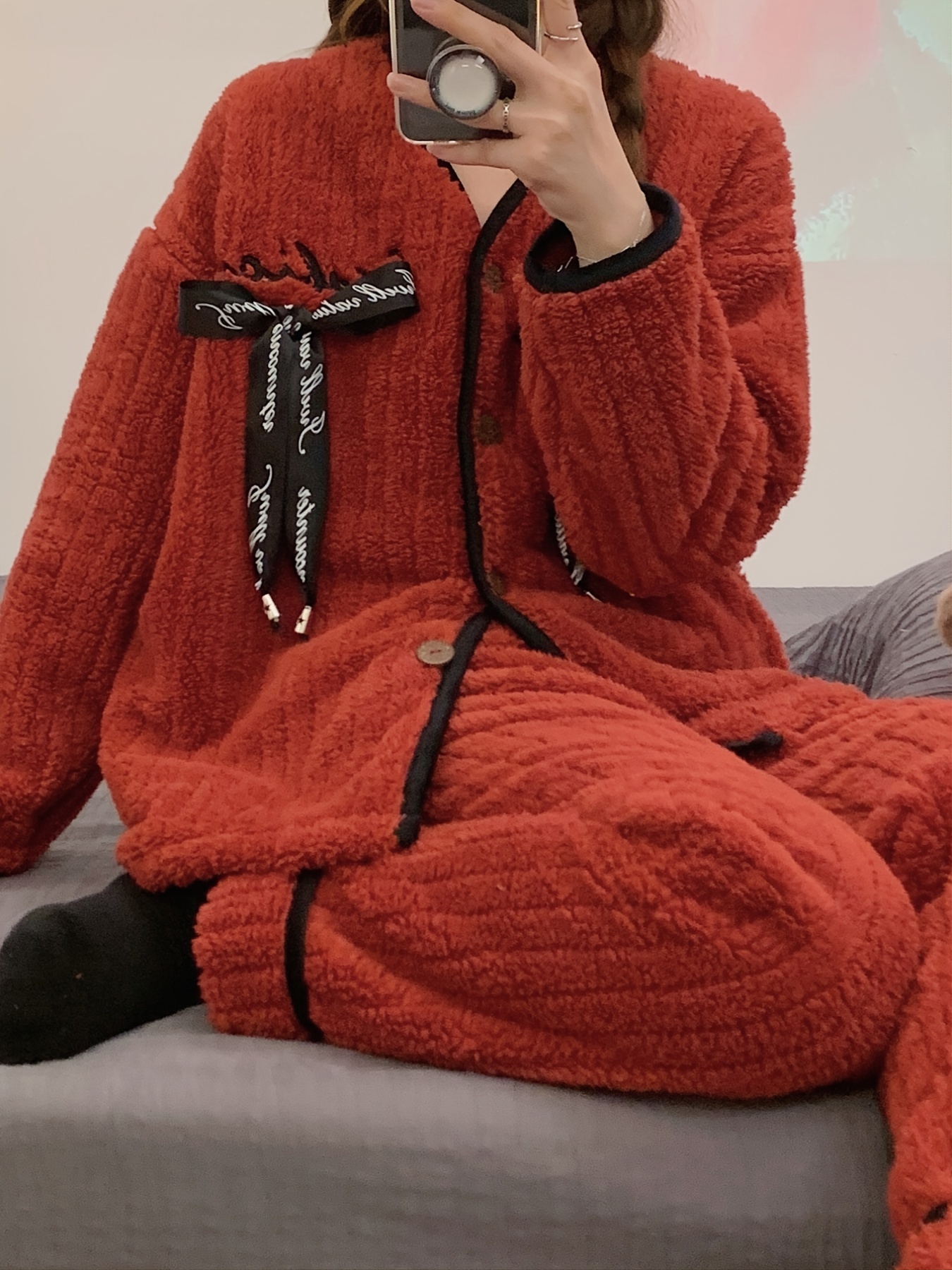 Thickened Warm Plush Home Pajamas Simple Long Sleeve V Neck - Temu