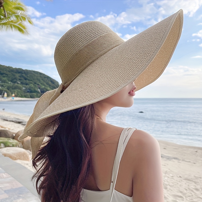 Trendy Travel Straw Hat Summer Wide Brim Hats Solid Color Foldable Floppy Sun Hats Outdoor UV Protection Beach Hats, Large Elegant Anti-UV Sun Hat